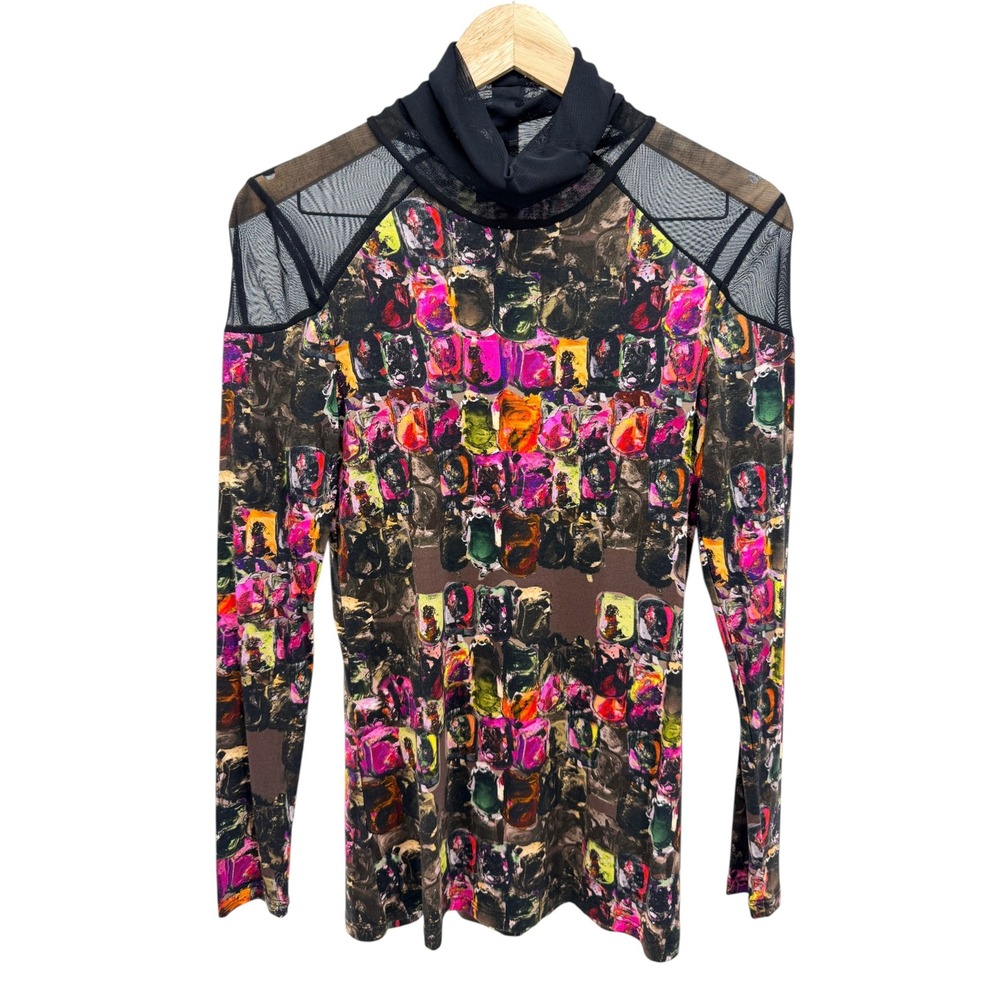 Lynn Ritchie Silver Mesh Top XS Whimsigoth Abstract Mock Neck Mesh Accent Shirt